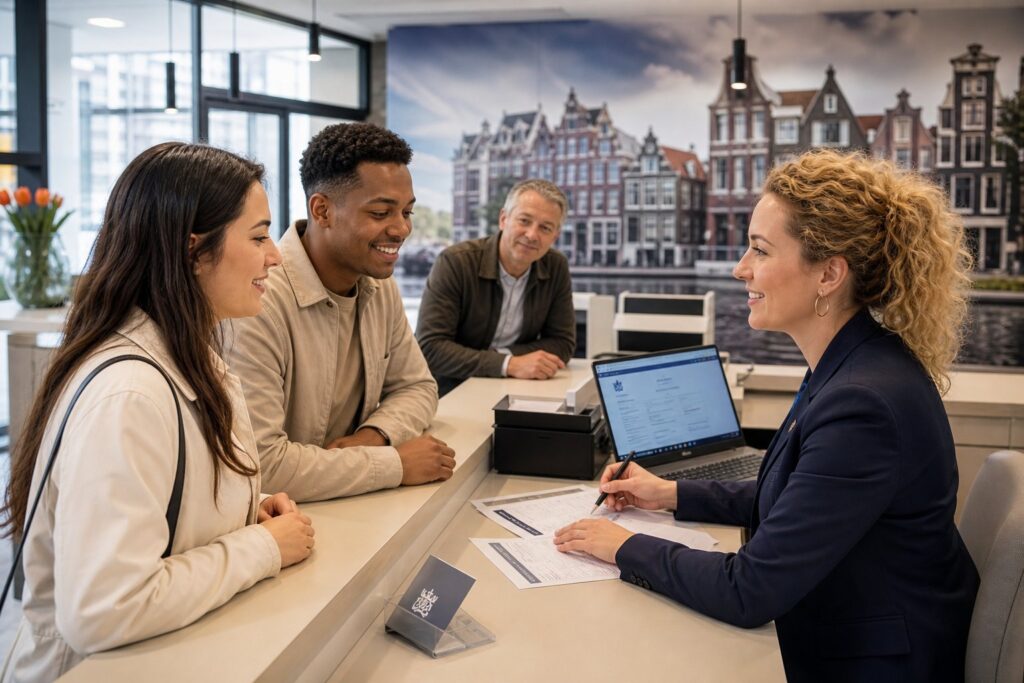 People interacting with a government employee at a service counter in a modern office setting for city registration.