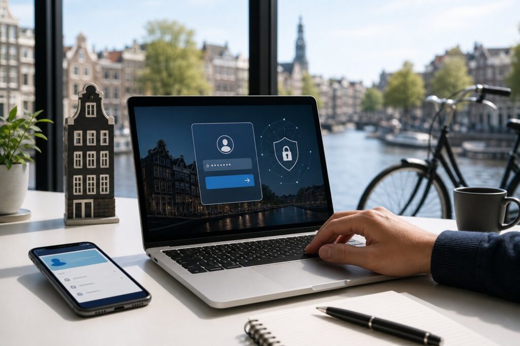 A person using a laptop at a bright workspace with a blurred view of Amsterdam canals and buildings outside the window.