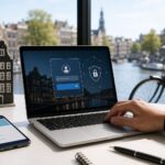 A person using a laptop at a bright workspace with a blurred view of Amsterdam canals and buildings outside the window.