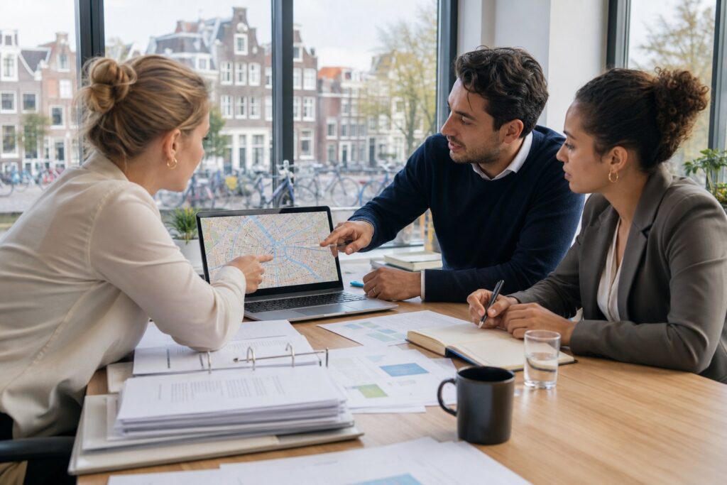 A group of professionals collaborating around a laptop showing a map of Amsterdam in a bright office with city views.