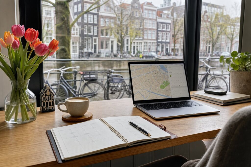 A workspace by a window showing a canal and Amsterdam buildings outside, with a notebook, laptop, coffee cup, and tulips on the desk.