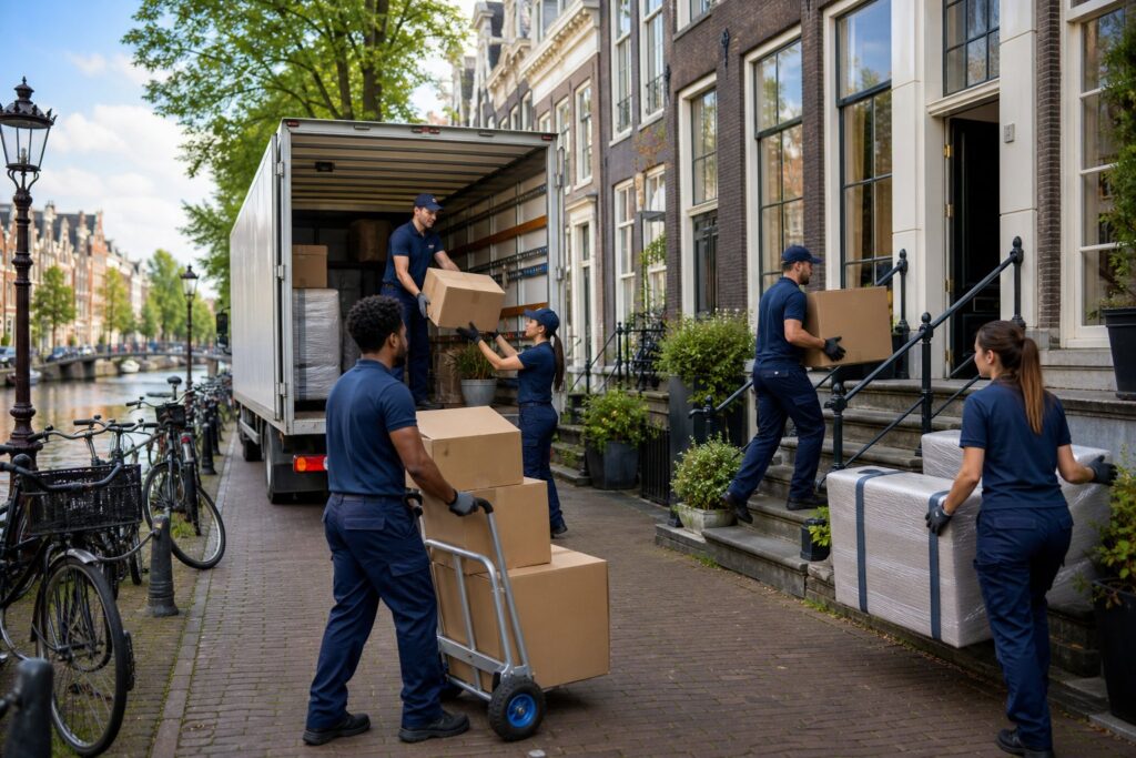 Movers carrying boxes outside a traditional Amsterdam canal house next to a canal with bicycles parked nearby.