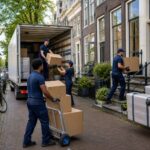 Movers carrying boxes outside a traditional Amsterdam canal house next to a canal with bicycles parked nearby.