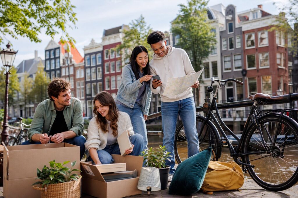 A group of young people unpacking boxes and looking at a map near a canal with colorful houses and a bicycle in Amsterdam.
