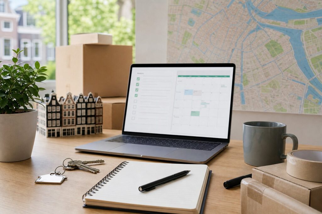 A workspace with a laptop, a map of Amsterdam, house keys, a pen, and a notebook arranged neatly on a desk.