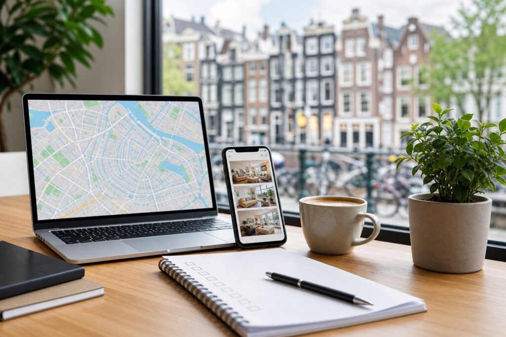 A workspace with a laptop showing a map, a smartphone with housing listings, a checklist with a pen, a coffee cup, and a potted plant, with a window view of Amsterdam canal houses in the background.