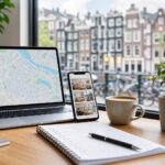 A workspace with a laptop showing a map, a smartphone with housing listings, a checklist with a pen, a coffee cup, and a potted plant, with a window view of Amsterdam canal houses in the background.