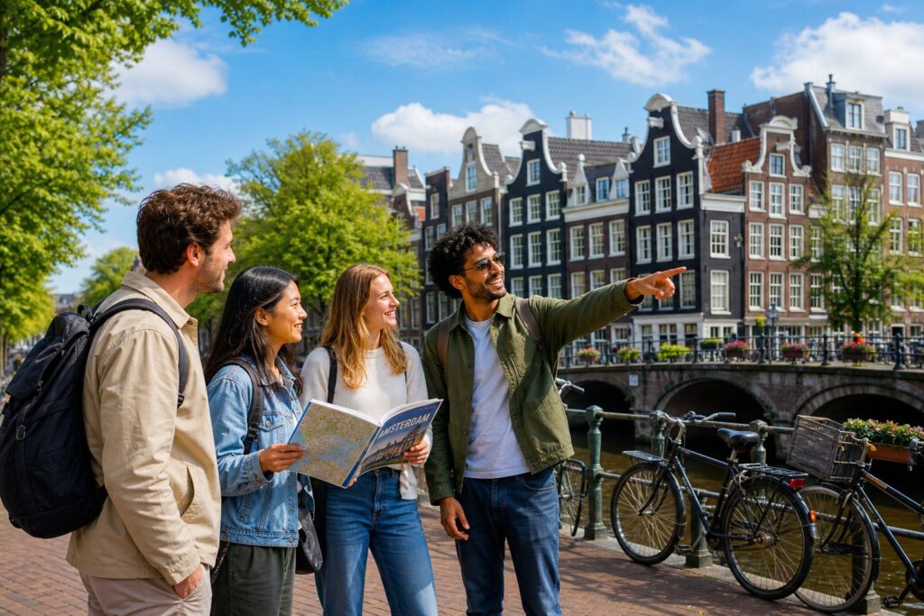 A group of young professionals standing by a canal in Amsterdam with bicycles and traditional houses in the background.