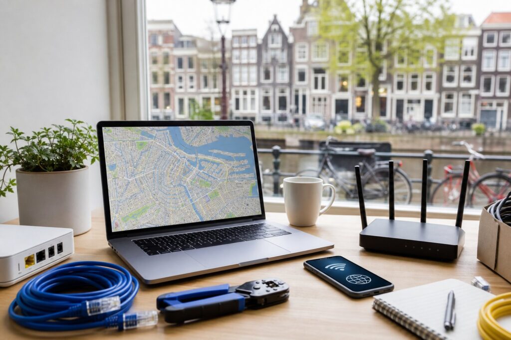 A workspace with a laptop showing a map of Amsterdam, Wi-Fi router, Ethernet cables, and a smartphone, with a window view of Amsterdam canal houses and bicycles.