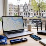 A workspace with a laptop showing a map of Amsterdam, Wi-Fi router, Ethernet cables, and a smartphone, with a window view of Amsterdam canal houses and bicycles.