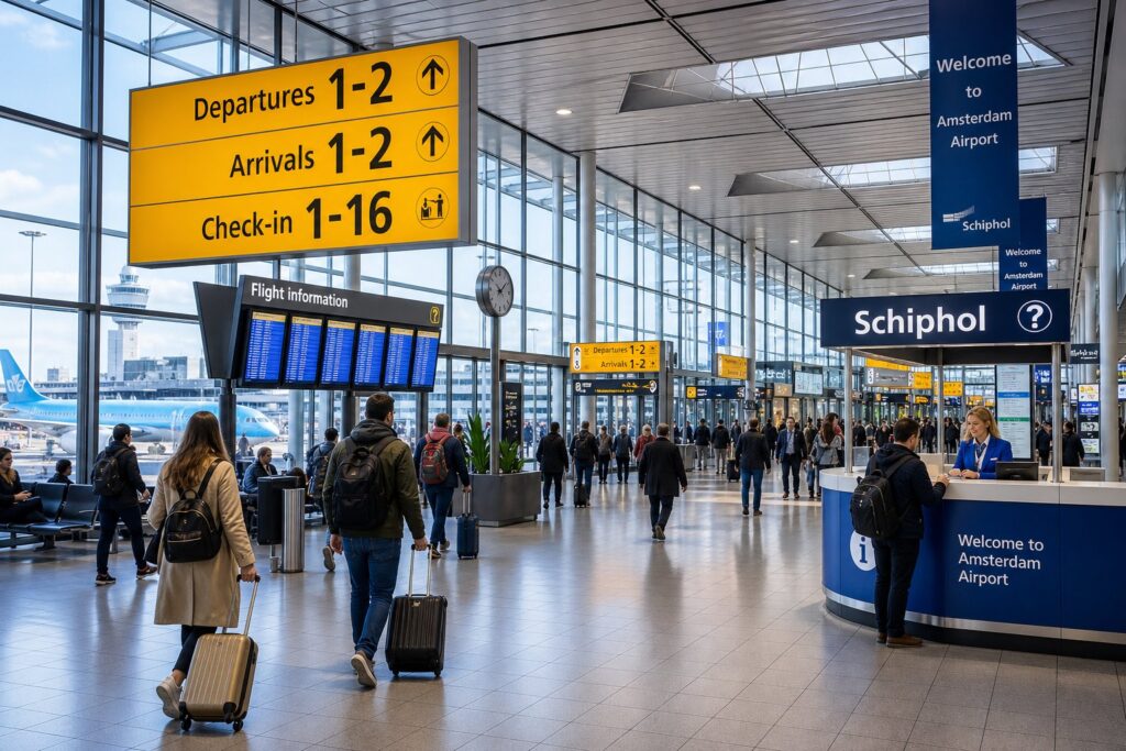 Busy airport terminal with travelers walking, digital flight information screens, and airplanes visible outside large windows.