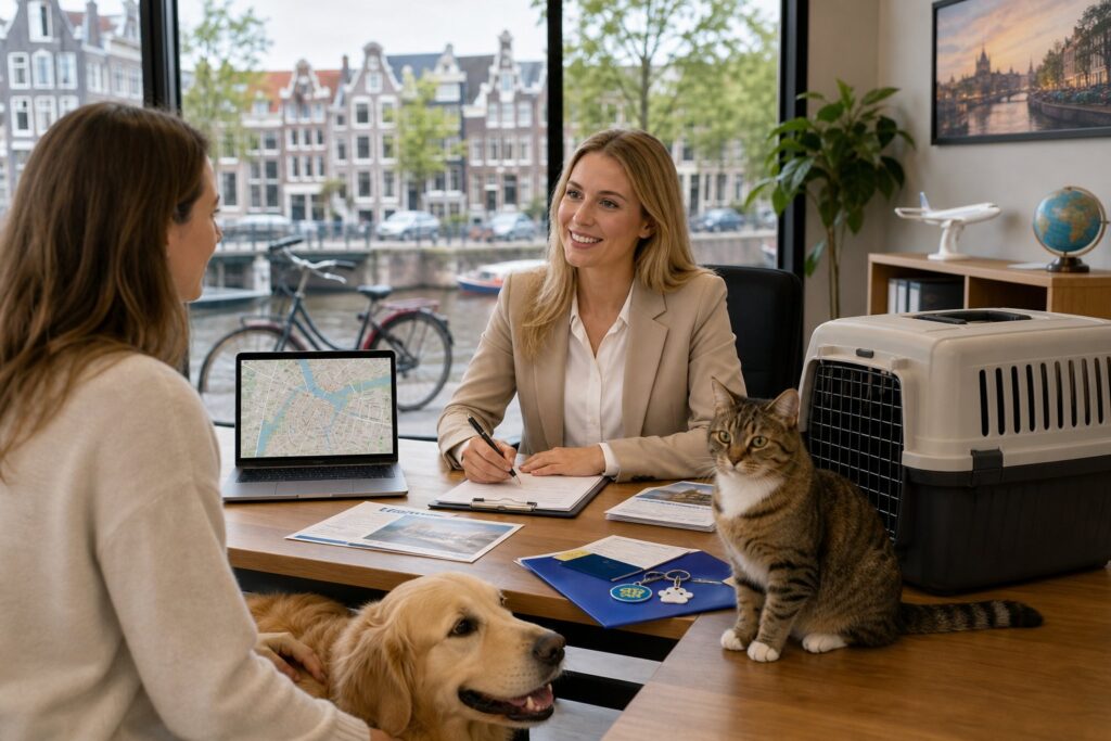 A pet relocation specialist consulting with a pet owner in an office, with a dog and cat nearby and a view of Amsterdam canal houses outside the window.