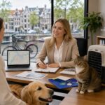 A pet relocation specialist consulting with a pet owner in an office, with a dog and cat nearby and a view of Amsterdam canal houses outside the window.