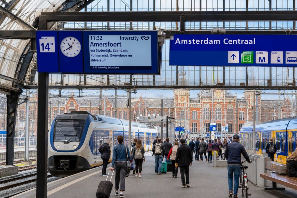 A busy Amsterdam train station with trains, travelers carrying luggage and bicycles, and Dutch-style buildings in the background.