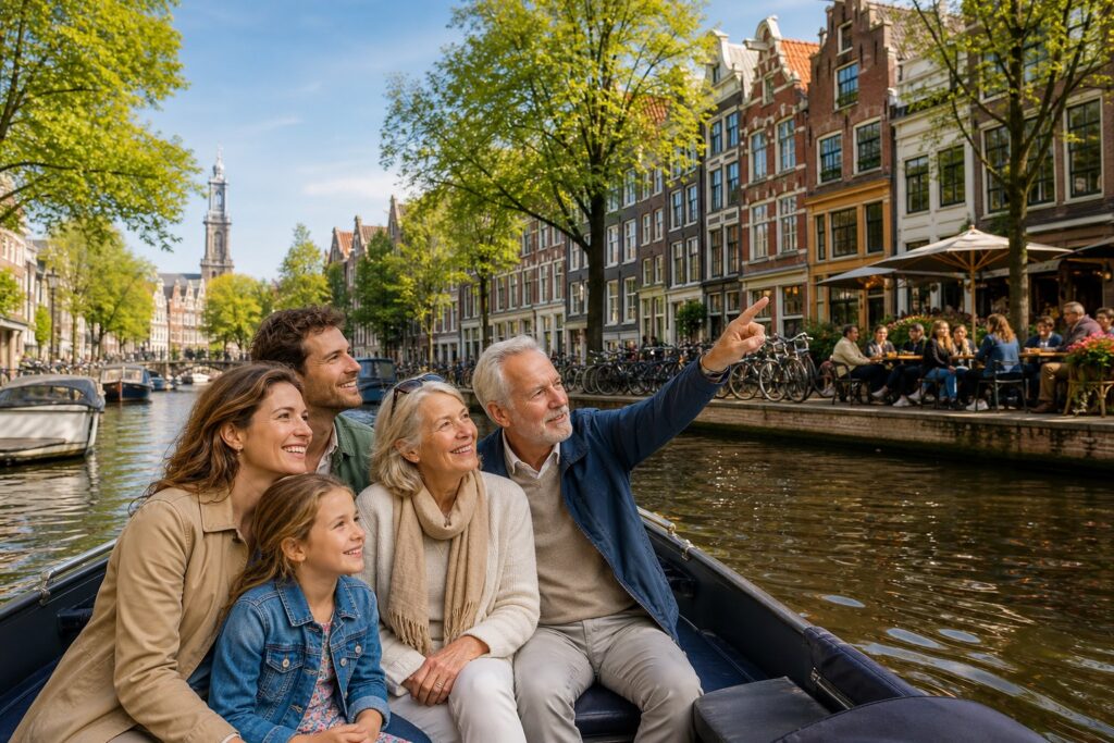 A family enjoying a boat ride on a canal in Amsterdam with traditional houses, bicycles, and outdoor cafes along the water.