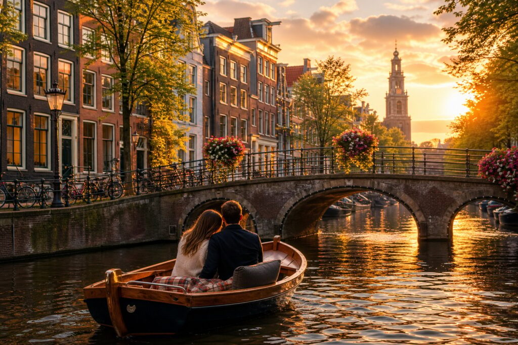 A couple sitting in a small boat on a canal in Amsterdam surrounded by colorful houses and a bridge during sunset.