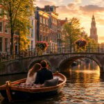 A couple sitting in a small boat on a canal in Amsterdam surrounded by colorful houses and a bridge during sunset.