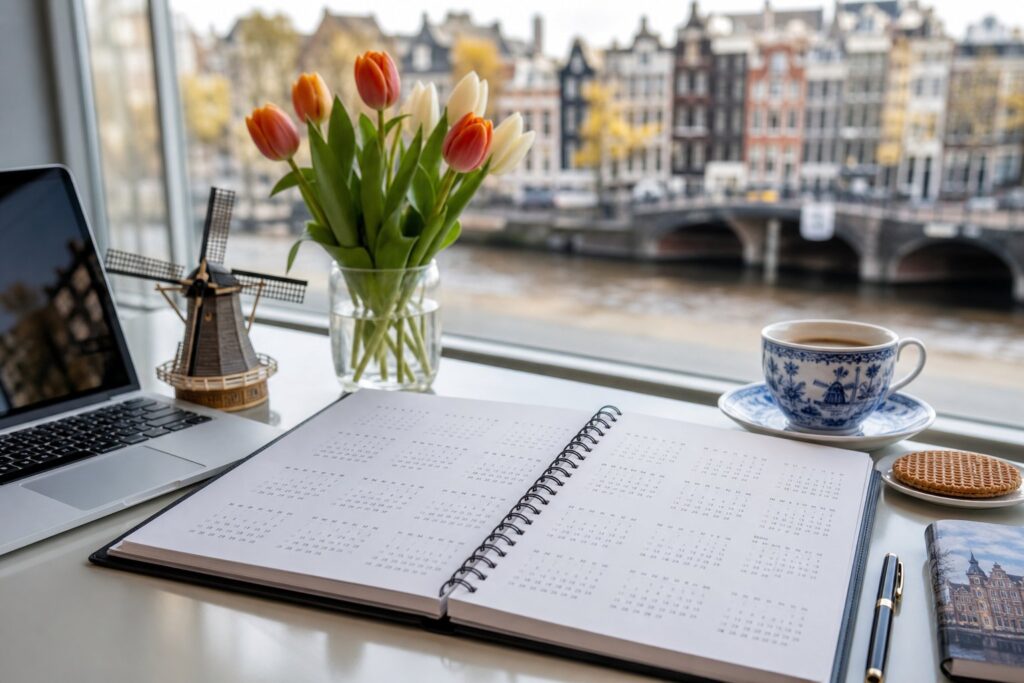 A desk with an open calendar showing months of 2026 and 2027, decorated with tulips, a small windmill model, and a laptop, with a blurred view of Amsterdam buildings and canals outside the window.