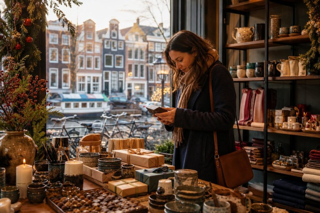 A person choosing last-minute gifts inside a cozy shop with Amsterdam canal houses and bicycles visible through the window.