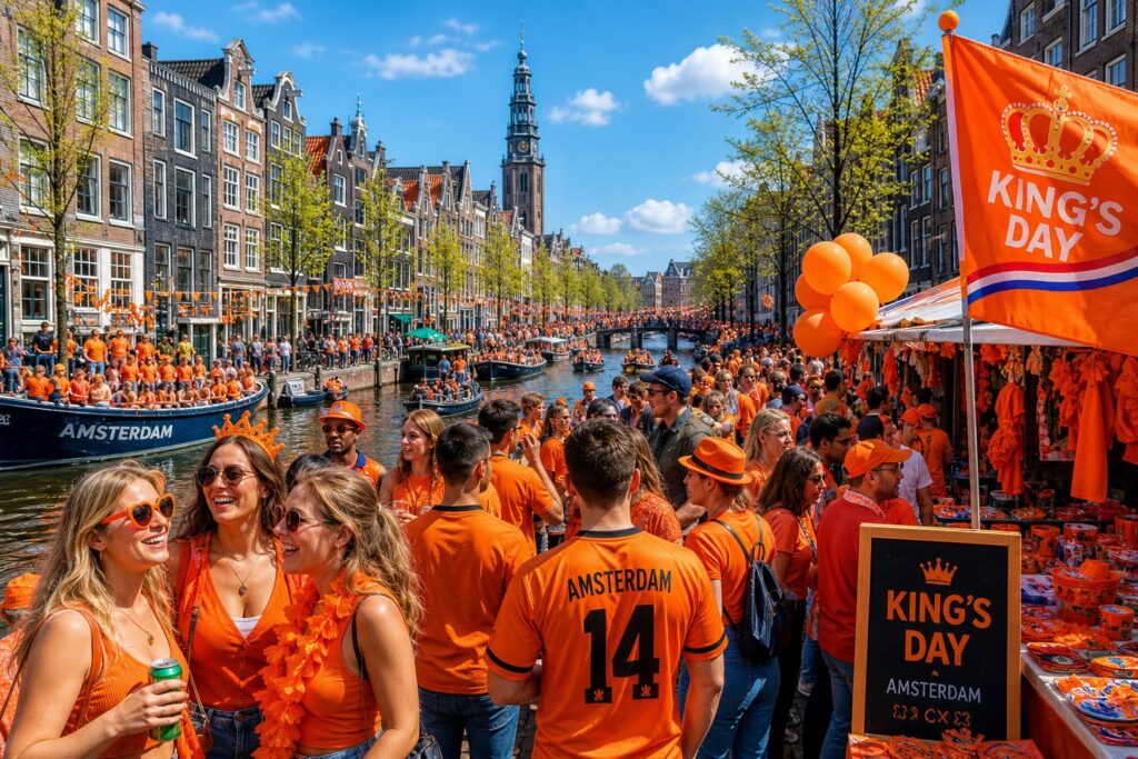 People celebrating King's Day on a street and canal in Amsterdam with orange decorations and traditional Dutch houses.