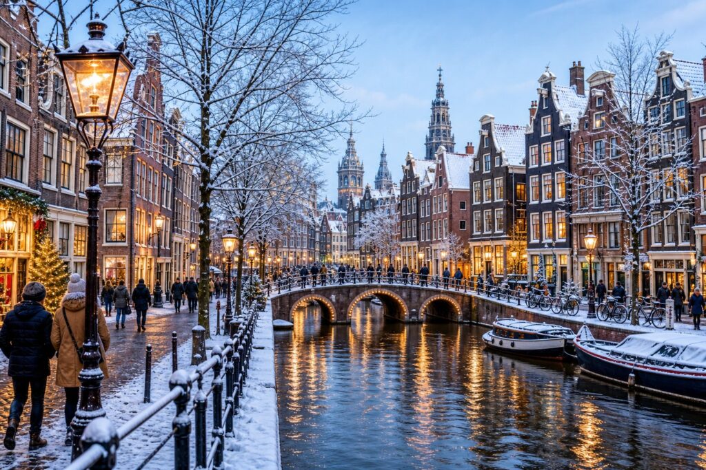 Snow-covered canal houses and bridges in Amsterdam with people walking along the streets during winter.