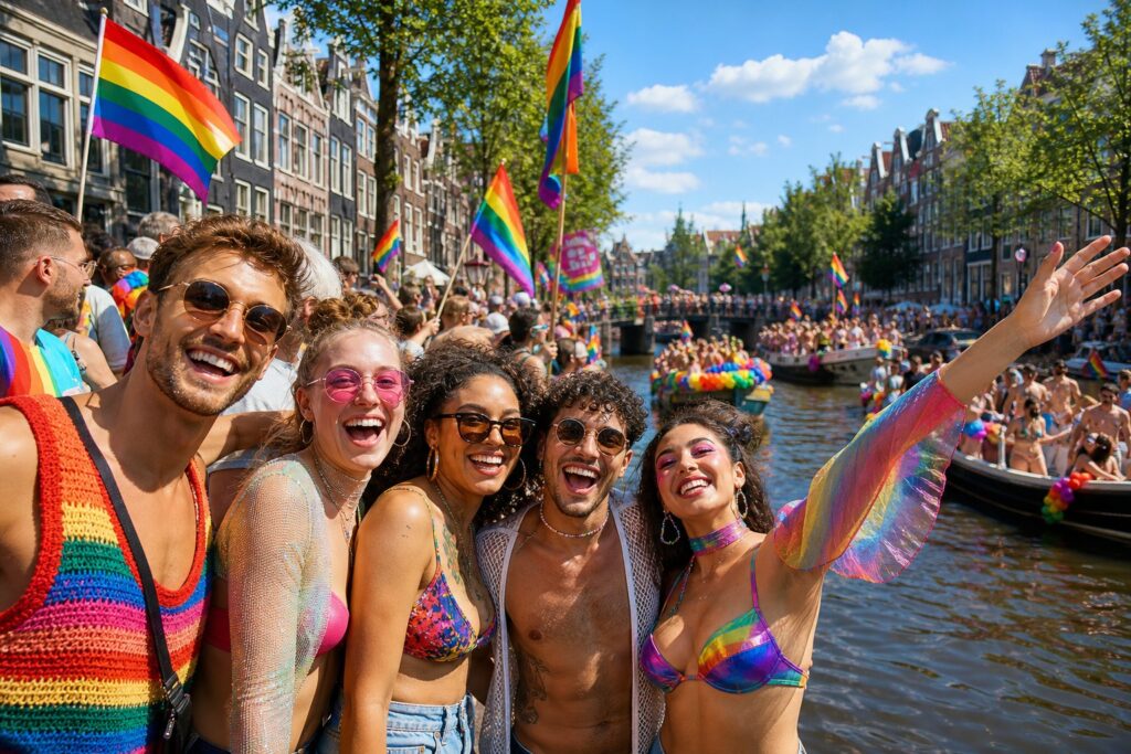 A diverse group of people celebrating along an Amsterdam canal decorated with rainbow flags and colorful boats during a pride event.