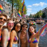 A diverse group of people celebrating along an Amsterdam canal decorated with rainbow flags and colorful boats during a pride event.