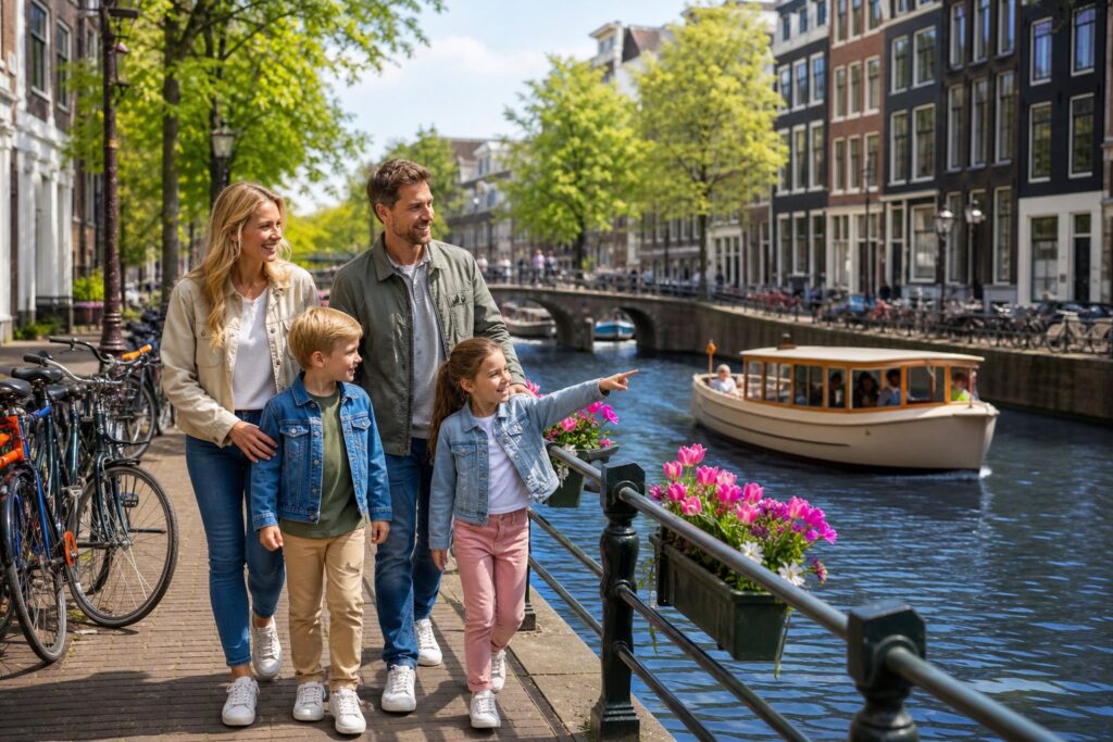 A family with two children walking along a canal in Amsterdam with colorful buildings, bicycles, and a boat nearby on a sunny day.