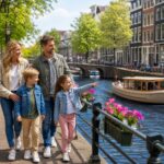 A family with two children walking along a canal in Amsterdam with colorful buildings, bicycles, and a boat nearby on a sunny day.