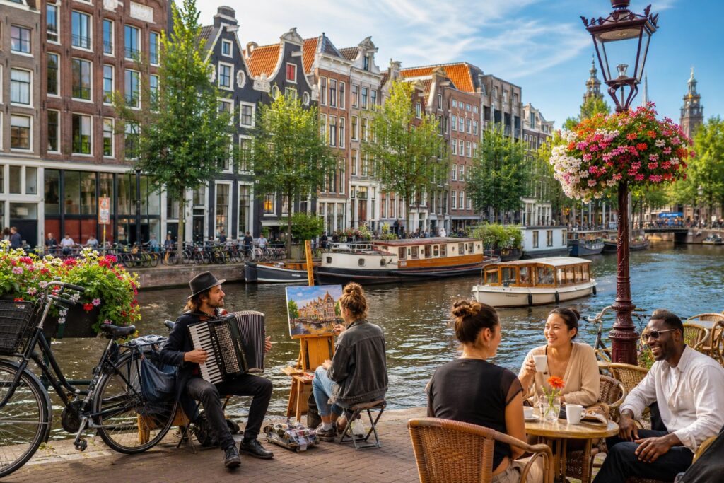 People enjoying outdoor café and street music along a canal with traditional Dutch houses in Amsterdam.