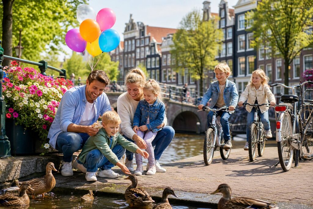 A family with children enjoying a sunny day by a canal in Amsterdam with bicycles, a wooden bridge, and traditional houses in the background.