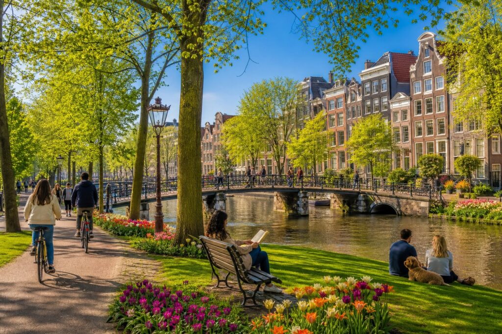 A sunny park in Amsterdam with green trees, colorful flowers, a canal with a pedestrian bridge, and people walking, sitting, and cycling.