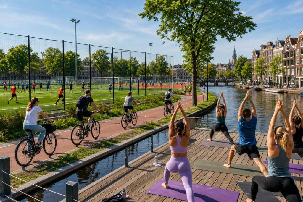 People playing soccer, cycling, and doing yoga near a canal with Amsterdam buildings in the background.