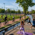 People playing soccer, cycling, and doing yoga near a canal with Amsterdam buildings in the background.