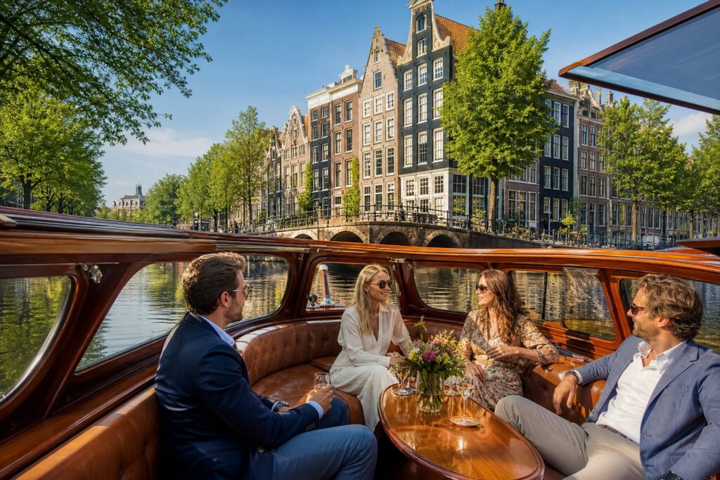 A private saloon boat cruising through Amsterdam canals with historic buildings and bridges in the background.