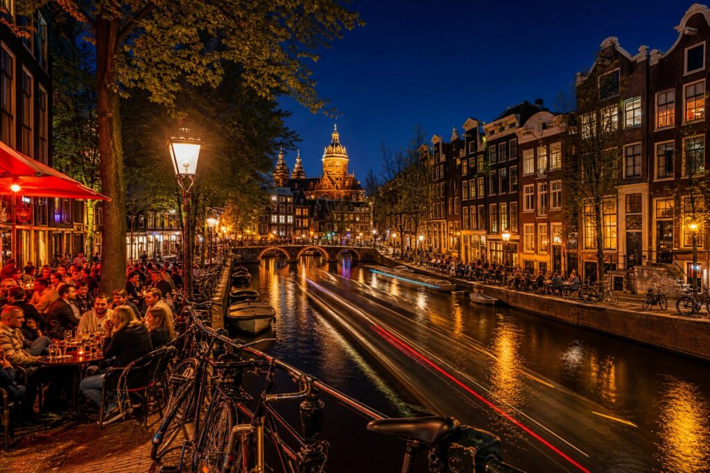 Nighttime view of Amsterdam canals with illuminated historic buildings, outdoor terraces with people, and bicycles along the water.