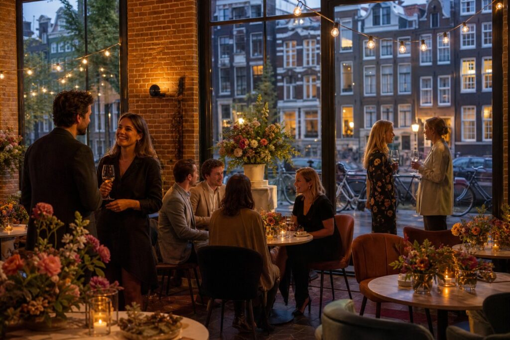 Interior of a small celebration venue in Amsterdam with warm lighting, exposed brick walls, and windows showing canal houses outside. People are enjoying a relaxed gathering with drinks.