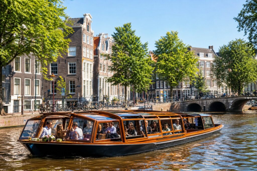 A modern boat cruising along an Amsterdam canal with historic buildings and green trees lining the water.