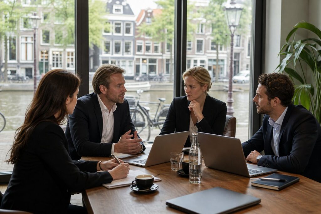 A small group of business professionals having a private meeting around a table with a canal and Amsterdam buildings visible through large windows.