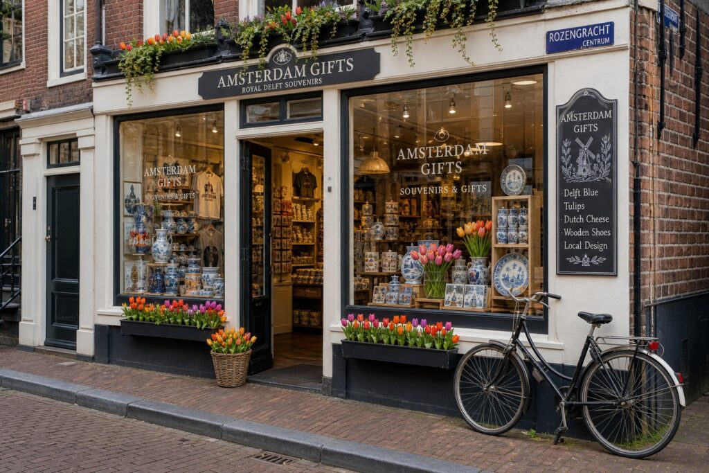 Exterior of a traditional Amsterdam gift shop with large windows displaying various gift items and a bicycle parked outside on a cobblestone street.