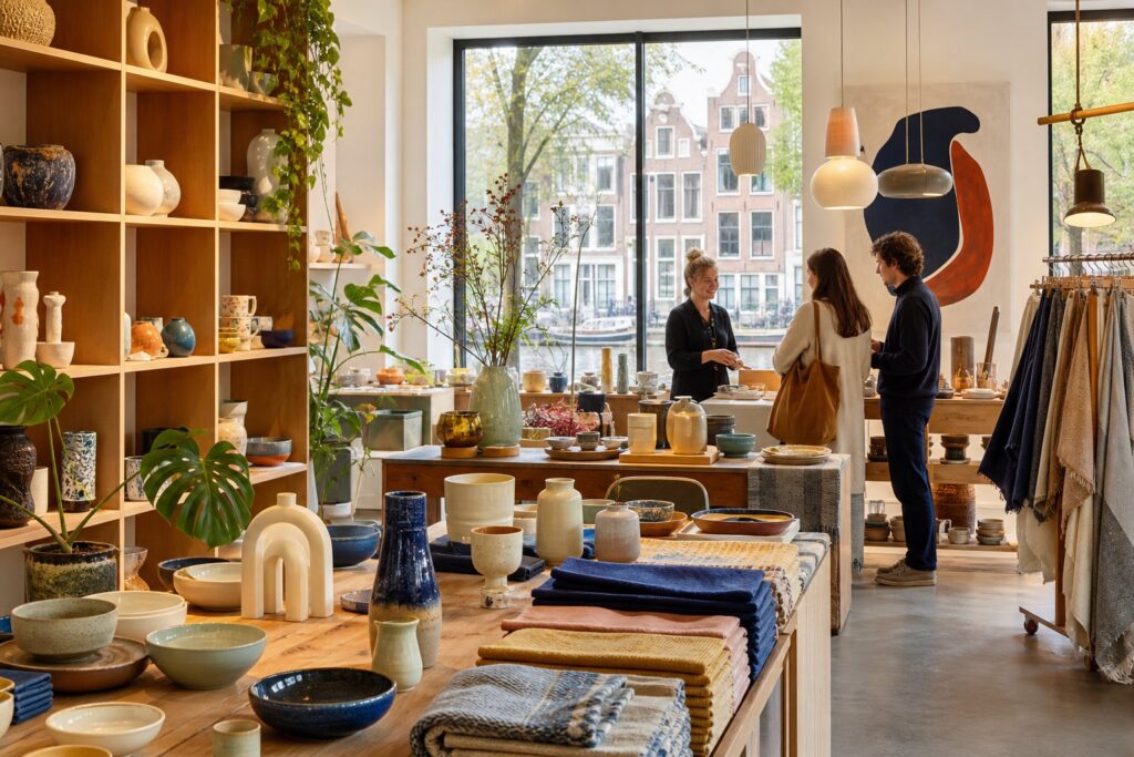 Interior of an Amsterdam design shop with shelves and tables displaying handcrafted home decor and artisanal products, with a local maker assisting customers.