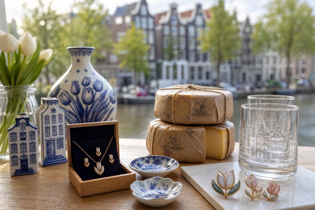 A display of elegant Amsterdam-inspired souvenirs including Delft blue pottery, tulip-themed jewelry, Dutch cheese, and glassware with canal house designs on a wooden table with canal houses visible in the background.