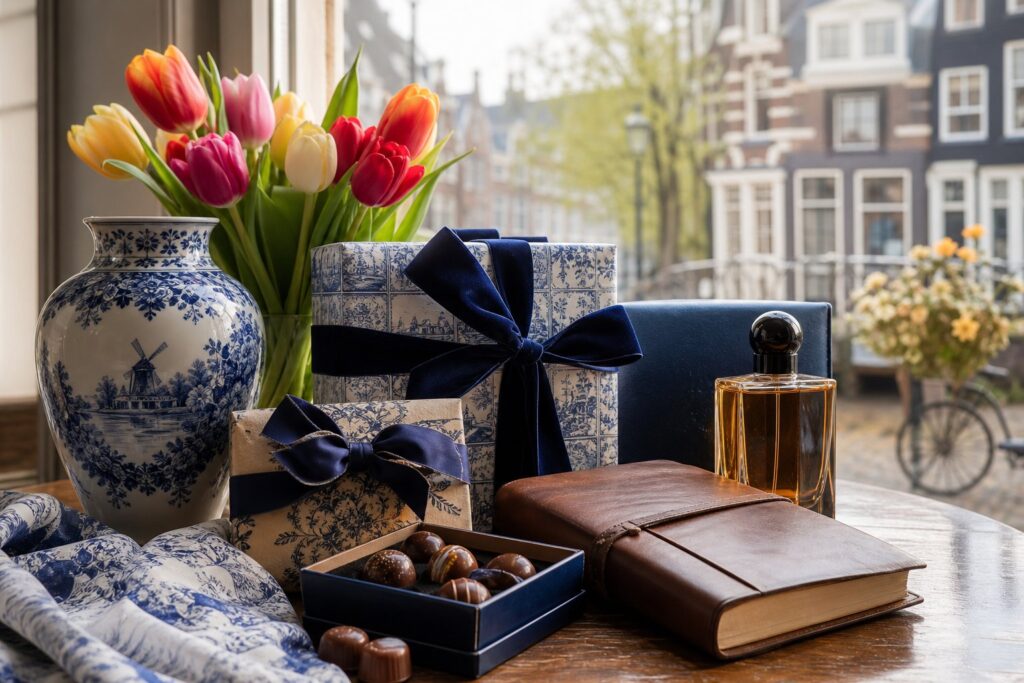 A table near a window displaying elegant wrapped gifts, tulips, a porcelain vase, chocolates, and perfume with a blurred view of Amsterdam canal houses outside.