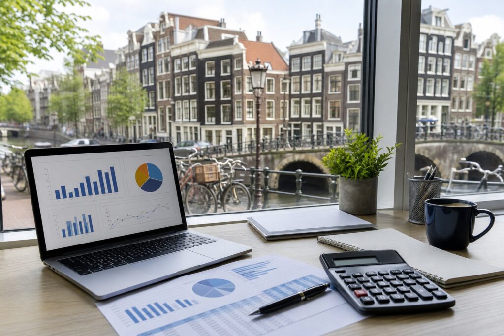 A workspace with a laptop, financial documents, and a calculator on a desk near a window showing Amsterdam canal houses and bicycles outside.