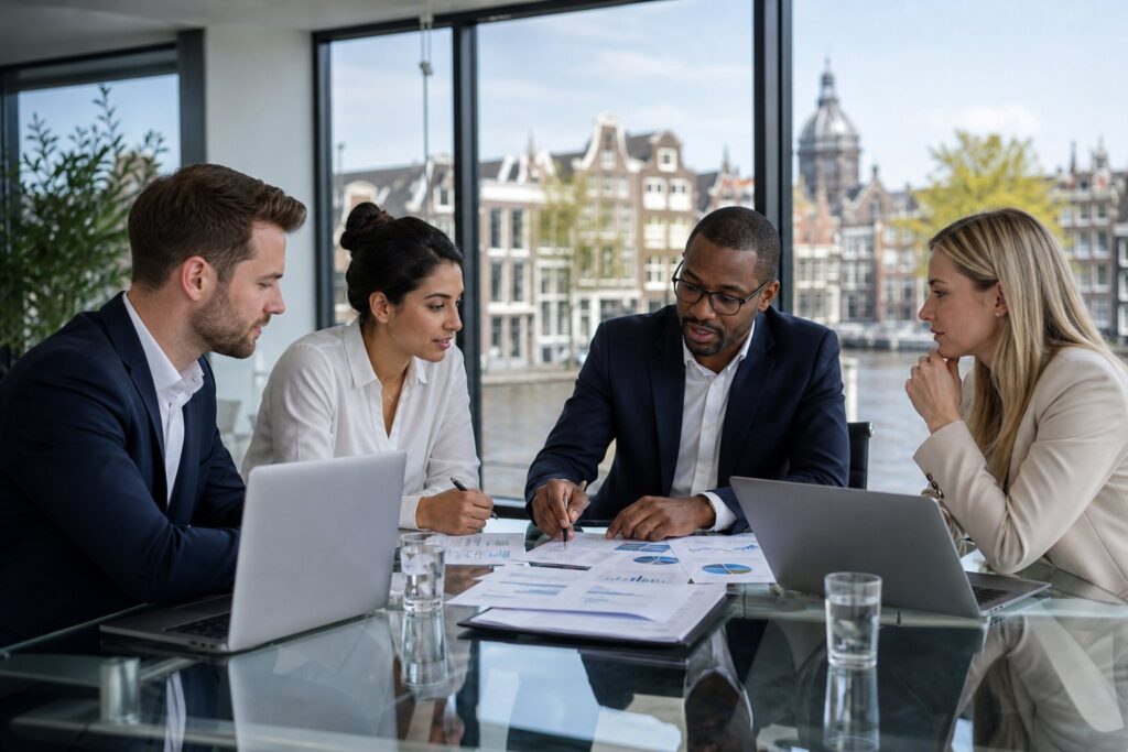 A group of professionals discussing financial documents around a table with a view of Amsterdam canals and buildings through large windows.