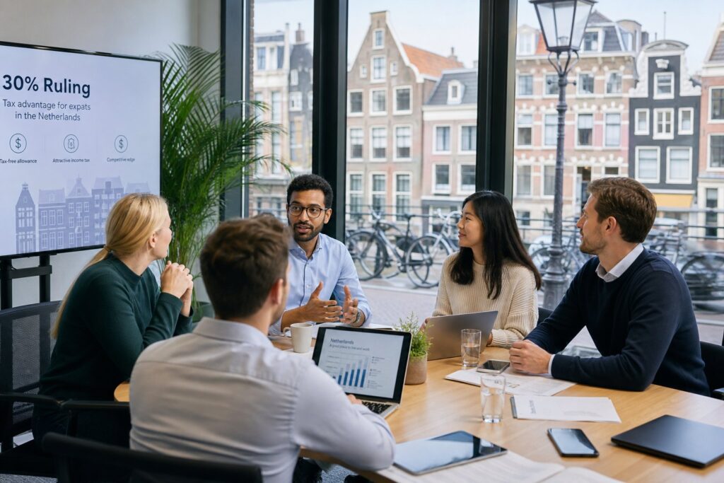 Business professionals having a meeting in an office with large windows showing Amsterdam buildings outside.