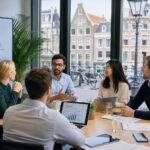 Business professionals having a meeting in an office with large windows showing Amsterdam buildings outside.
