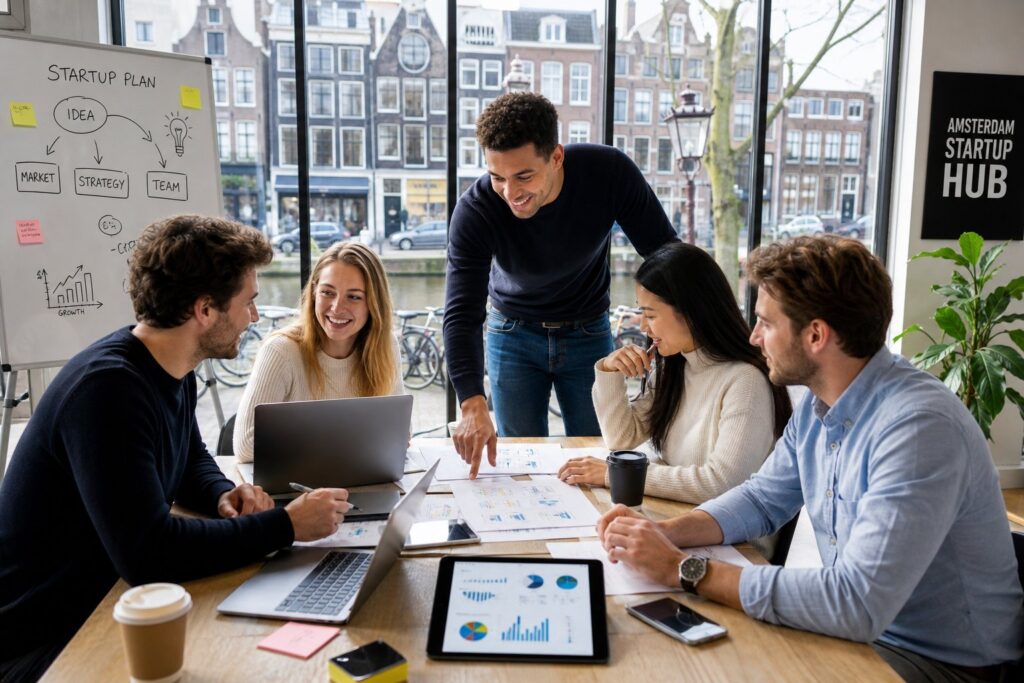 A group of young professionals collaborating around a table with laptops and documents in an office with windows showing Amsterdam canal houses outside.