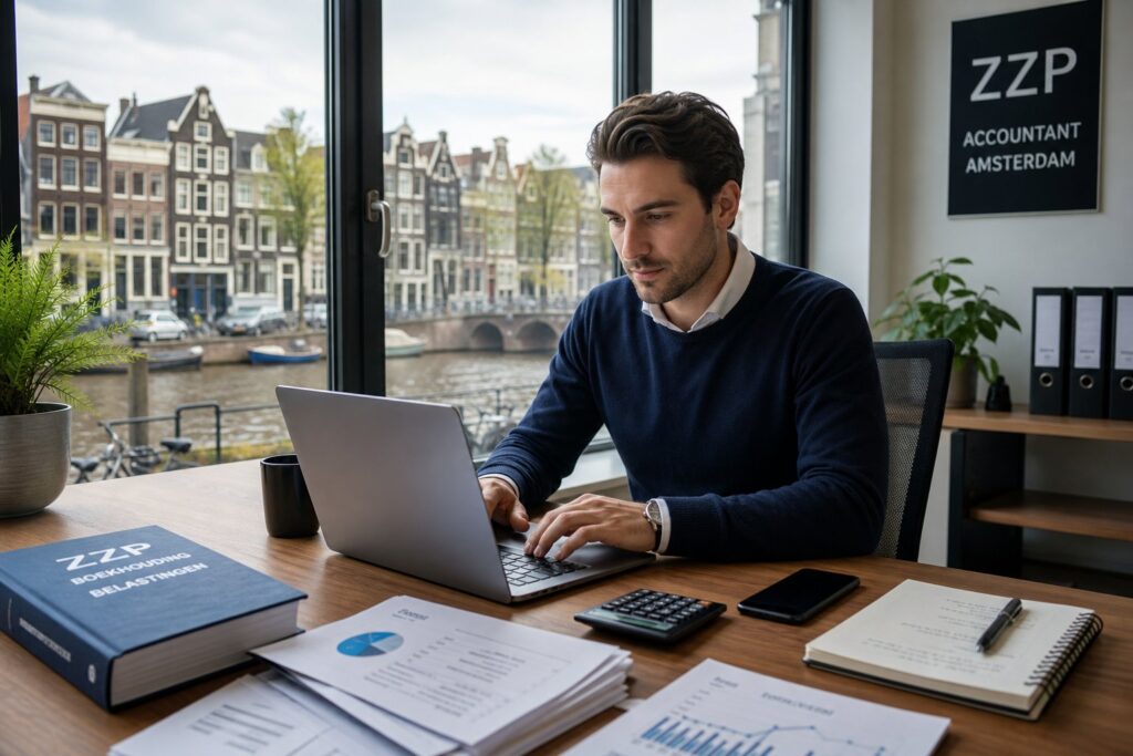 An accountant working at a desk with a laptop and calculator, with a view of Amsterdam canals and buildings through large windows.