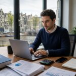 An accountant working at a desk with a laptop and calculator, with a view of Amsterdam canals and buildings through large windows.
